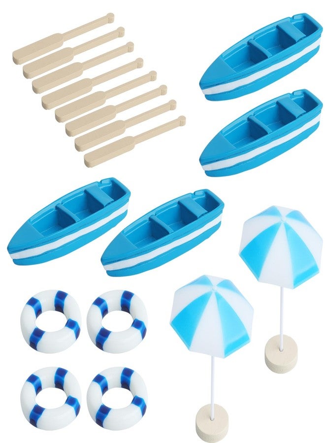 Begino 4 Sets of Miniature Rowboat Mini Blue Boat with Oars Figurines Micro Landscape Life Buoy Blue Beach Umbrellas Canoe Models Ocean Beach Scene Ornaments - Image 1